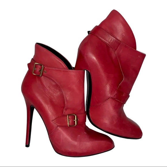 Alexander Mc Queen Red Italy Leather Buckle Heel Ankle Boots 38.5 US 8 - Picture 1 of 14